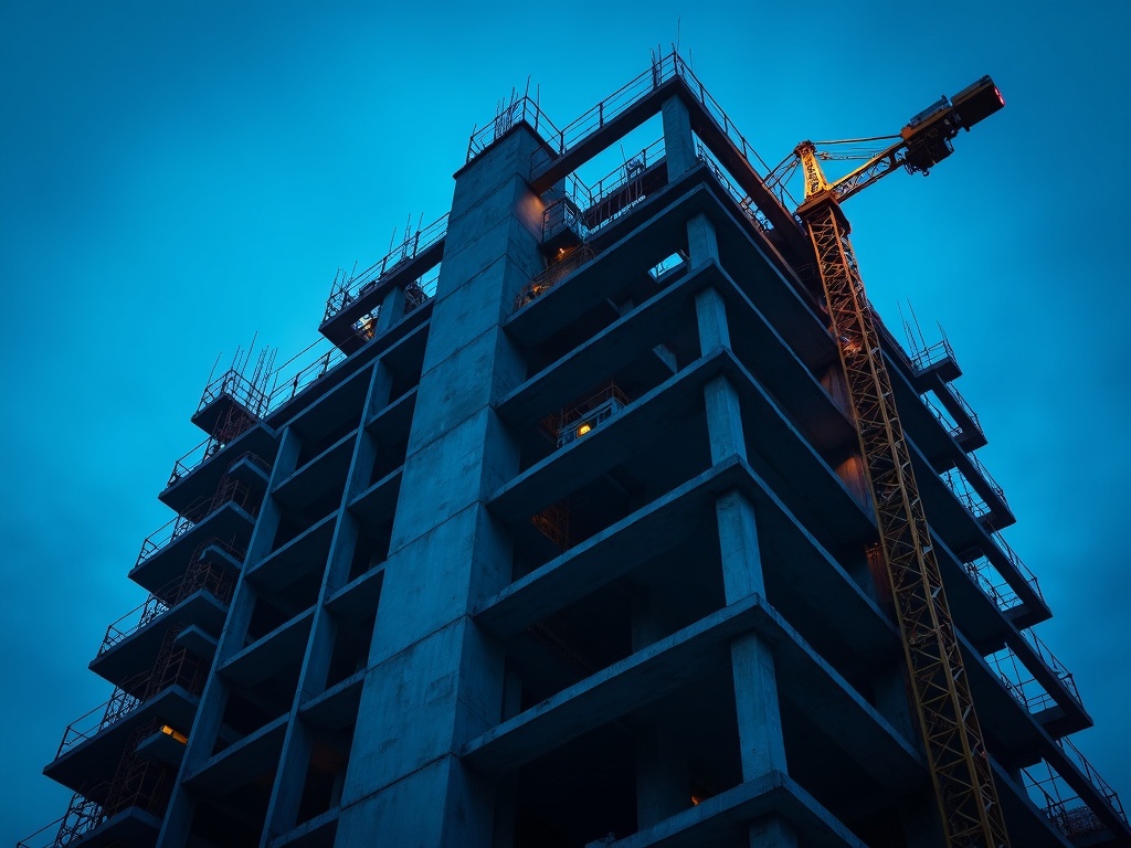 Stahl- und Betonskelett eines Hochbaus zur blauen Stunde
