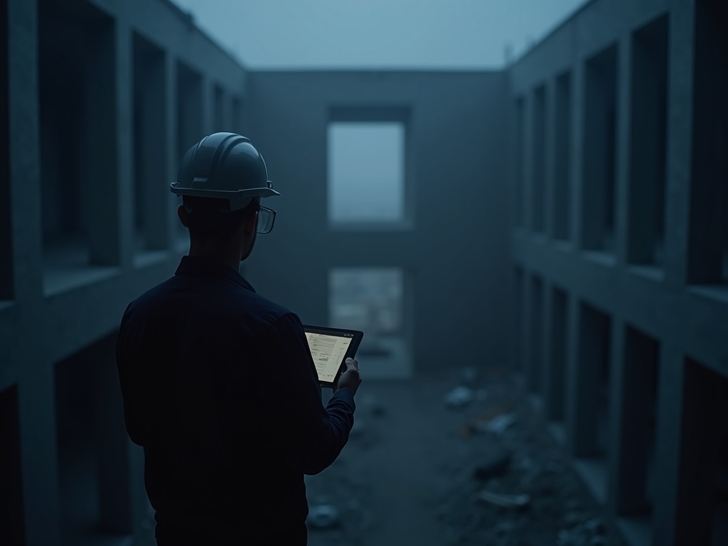 Ingenieur mit Tablet vor einem Rohbau